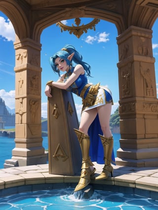 Solo woman, blue T-shirt with Golden parts, short white skirt with Golden props, ((Hyrule warrior costume)), gigantic breasts, mohawk hair, blue hair, messy hair, hair with ponytail, looking directly at the viewer, she is, on a mountain, with many monsters, robots, large ancient machines, many stones, 1water, large pillars, stone altars, zelda tears of the kingdom, 16K, UHD, best possible quality, ultra detailed, best possible resolution, Unreal Engine 5, professional photography, she is, (((iInteracting and leaning on anything+object+on something+leaning against+sensual pose))), better_hands, ((full body)), More detail