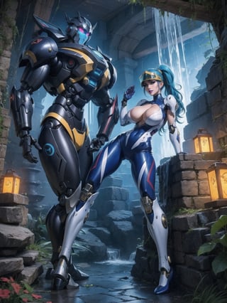 Solo female, ((wearing mecha suit+robotic suit completely white, with blue parts, more yellow lights, suit with attached weapons, gigantic breasts, wearing cybernetic helmet with visor)), mohawk hair, blue hair, messy hair, hair with ponytail, looking directly at the viewer, she is, in a dungeon, with a waterfall, large stone altars, stone structures, machines, robots, large altars of ancient gods, figurines, Super Metroid, ultra technological, Zelda, Final Fantasy, worldofwarcraft, UHD, best possible quality, ultra detailed, best possible resolution, Unreal Engine 5, professional photography, she is (((sensual pose with interaction and leaning on anything+object+on something+leaning against))), better_hands, (full body), More detail