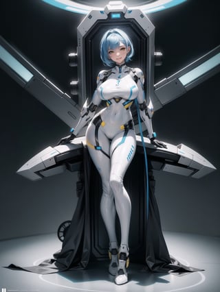 A woman, wearing mecha suit+robotic suit+cyber suit, white+parts in blue+yellow lights, costume very tight on the body, ((gigantic breasts, wearing capus), blue hair, very short hair, hair with bangs in front of the eyes, is looking at the viewer, (((sensual pose with interaction and leaning on anything+object+leaning against))) in an alien dungeon, with futuristic machines, computers on the walls, control panels, teleportation with interdimensional portal, slimes, aliens with cybernetic armor, ((full body):1.5), 16k, UHD, maximum quality, maximum resolution, ultra-realistic, ultra-detailed, Furtastic_Detailer, Goodhands-beta2, ((perfect_hands):1), 