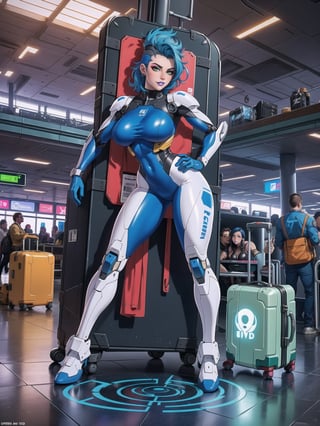 Solo woman, wearing mecha suit+cybernetic armor+gundam suit, all white with parts in blue, gigantic breasts, mohawk hair, blue hair, messy hair, looking directly at the viewer, she is, in an ((alien airport, with many machines, many aliens, many people transiting, glass table, chair, luggage carts, 16K, UHD, best possible quality, ultra detailed, best possible resolution, Unreal Engine 5professional photography, she is, (((Sensual pose with interaction and leaning on anything+object+on something+leaning against))), better_hands, More detail, ((futuristic, ultra-technological)), (((full body))),