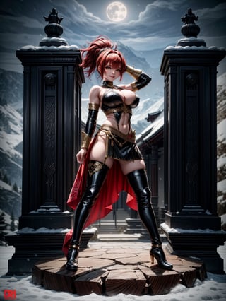 1woman, black armor with golden props, leather skirt with golden props, tight clothing on the body and erotic, absurdly giant breasts, red hair, mohawk hair, extremely short hair, hair with ponytail, hair with bangs in front of the eyes, helmet on the head, looking at the viewer, (((erotic pose interacting and leaning on something))), in an Arcadian temple with large figurines, sculptures, altars, pedestals, mountain background, snowing hard, at night, full moon top left, ((God of War)), ((full body):1.5), 16k, UHD, best possible quality, ((ultra detailed):1), best possible resolution, Unreal Engine 5, professional photography, perfect_hands