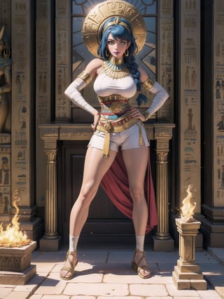 A woman, Egyptian costume with white t-shirt + golden armor, shorts + very short black skirt, brown leather sandals, ((body bandaged with bandages)), very tight costume and stuck to the body. Gigantic breasts, wearing a helmet on her head, very short hair, blue hair, hair with 1+ braids, hair with bangs in front of her eyes. Looking directly at the viewer, at a very ancient Egyptian pyramid, with large stone altars, figurines. Sarcophagi of ancient kings, torches attached to the walls illuminating the place, ancient mirrors, ((sensual pose with interaction and leaning on anything + object+on something + leaning against)) + present in a very ancient Egyptian pyramid, ((Ancient Egypt, Sahara Desert)), 16K, UHD, Unreal Engine 5, (full body:1.5), quality max, max resolution, ultra-realistic, maximum sharpness, More detail, perfect_legs, perfect_thighs, perfect_feet, perfect_hands, better_hands