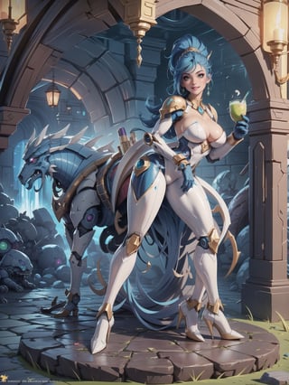 Solo woman, ((mecha costume all white, parts in blue, costume very tight on the body, gigantic breasts)), mohawk hair, blue hair, messy hair, hair with ponytail, looking directly at the viewer, she is, in an alien dungeon, with many machines, many aliens, waterfall, large stone pillars, stone altars, heavy armaments, ((super metroid, ultra technological, warcraft)), 16K, UHD, best possible quality, ultra detailed, best possible resolution, Unreal Engine 5, Super Metroid, professional photography, she's, (((Sensual pose with interaction and leaning on anything+object+on something+leaning against))), better_hands, More detail, ((full body))