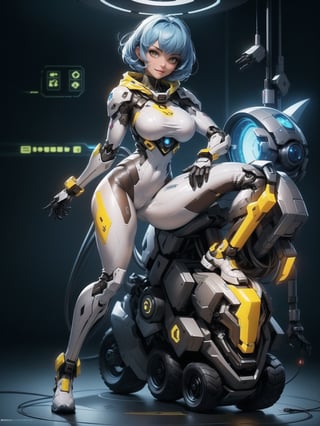 A woman, wearing mecha suit+robotic suit+cyber suit, white+parts in blue+yellow lights, costume very tight on the body, ((gigantic breasts, wearing hood), blue hair, very short hair, hair with bangs in front of the eyes, is looking at the viewer, (((sensual pose with interaction and leaning on anything+object+leaning against))) in an alien dungeon, with futuristic machines, computers on the walls, control panels, teleportation with interdimensional portal, slimes, aliens with cybernetic armor, ((full body):1.5), 16K, UHD, maximum quality, maximum resolution, ultra-realistic, ultra-detailed, Furtastic_Detailer, Goodhands-beta2, ((perfect_hands): 1)