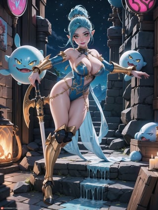 Solo woman, (mecha costume all white, parts in blue, lights in yellow, costume very tight on the body, gigantic breasts), mohawk hair, blue hair, messy hair, hair with ponytail, looking directly at the viewer, she is, in a very old dungeon at the top of the mountains at night, with many altars, slimes, large weapons, metal Golems, heavy weapons, large stones, scaly monsters, super metroid, ultra technological, warcraft, zelda breath of the wild, 16K, UHD, best possible quality, ultra detailed, best possible resolution, Unreal Engine 5, super metroid, professional photography, she is, (((Sensual pose with interaction and leaning on anything+object+on something+leaning against))), better_hands, More detail, ((full body))