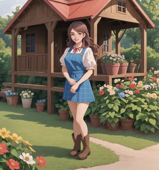 A work of art in Realistic, Comedy, Romantic styles. | A young 21-year-old woman is wearing a farm girl outfit consisting of a red and white checkered blouse, a red and white checkered skirt, a white apron with red flower prints, brown rubber boots, and work gloves. brown. She has long, loose, wavy ((blue hair)), with a straw hat tied around her neck with a red ribbon. She has red eyes, is ((smiling at the viewer, showing her white teeth)) and wearing red lipstick. She is in a farmhouse, a cozy, rural place with wooden structures like a barn, a wooden fence, and a porch with rocking chairs. There are also metal structures, such as a windmill and a water tank, and natural structures, such as trees, flowers and a vegetable garden. Sunlight illuminates the place, creating a warm and cozy atmosphere. | The image highlights the figure of the young woman and her farmer's outfit against the rural background of the farmhouse. Sunlight creates soft shadows and highlights the details of the scene. | Soft, warm lighting effects create a relaxing and welcoming atmosphere, while detailed textures in wood, metal and fabrics add realism to the image. | A romantic and fun scene of a young woman in a farmer's outfit in a rural farmhouse. | (((((The image reveals a full-body shot as she assumes a sensual pose, engagingly leaning against a structure within the scene in an exciting manner. She takes on a sensual pose as she interacts, boldly leaning on a structure, leaning back in an exciting way.))))). | ((full-body shot)), ((perfect pose)), ((perfect fingers, better hands, perfect hands)), ((perfect legs, perfect feet)), ((huge breasts)), ((perfect design)), ((perfect composition)), ((very detailed scene, very detailed background, perfect layout, correct imperfections)), More Detail, Enhance