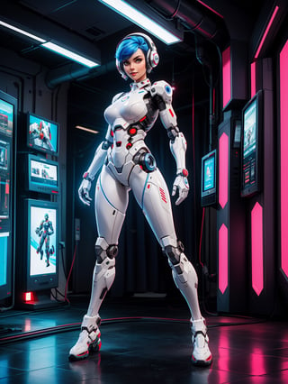 A woman, cybernetic + mecha suit, white suit with red attachments, suit with lights, very tight suit, ((robotic body parts, gigantic breasts)), blue hair, short hair with a mohawk and ponytail, (((cybernetic helmet on her head)), looking at the viewer, ((posing with interaction and leaning on [something|an object]))), in a subway with computers, radiation machines, structures, robots, ((full body):1.5), 16k, UHD, best possible quality, ultra detailed, best possible resolution, Unreal Engine 5, professional photography, hand and fingers well done, well-structured fingers and hands, well-detailed fingers, well-detailed hand, perfect_hands, perfect, ((cyberpunk))