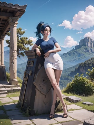 Solo woman, blue T-shirt with Golden parts, short white skirt with Golden props, warrior outfit, gigantic breasts, mohawk hair, blue hair, messy hair, ponytail hair, looking directly at the viewer, she is, on a mountain, with many monsters, robots, large ancient machines, many stones, 1water, large pillars, stone altars, zelda tears of the kingdom, 16K, UHD, best possible quality, ultra detailed, best possible resolution, Unreal Engine 5, professional photography, she is, (((iInteracting and leaning on anything+object+on something+leaning against+sensual pose)))+better_hands, ((full body)), More detail