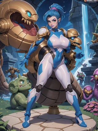 Solo woman, ((mecha costume all white, parts in blue, costume very tight on the body, gigantic breasts)), mohawk hair, blue hair, messy hair, hair with ponytail, looking directly at the viewer, she is, in an alien dungeon, with many machines, many aliens, waterfall, large stone pillars, stone altars, heavy armaments, ((super metroid, ultra technological, warcraft)), 16K, UHD, best possible quality, ultra detailed, best possible resolution, Unreal Engine 5, Super Metroid, professional photography, she's, (((Sensual pose with interaction and leaning on anything+object+on something+leaning against))), better_hands, More detail, ((full body))