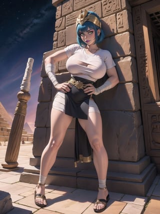 A woman, Egyptian costume with white t-shirt with gold armor, very short black skirt, brown leather sandals, ((body bandaged with bandages)), very tight suit and clinging to the body. Gigantic breasts, wearing a helmet on her head, very short hair, blue hair, hair with 1braid, hair with bangs in front of the eyes. Looking directly at the viewer, in a desert oasis, at night, with large stones, large pillars, figurines of ancient gods, ((sensual pose with interaction and leaning on anything + object+on something + leaning against)) + present in a desert oasis, 16K, UHD, Unreal Engine 5, (full body:1.5), quality max, max resolution, ultra-realistic, maximum sharpness, More detail,  perfect_legs, perfect_thighs, perfect_feet, perfect_hands, better_hands. (Ancient Egypt style)