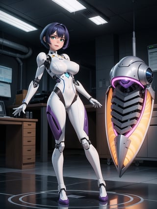 A woman, wearing mecha+armor mecha+robotic armor, white suit with purple parts, very tight and tight suit on the body, gigantic breasts, short hair, blue hair, c hair fastened with fastener, hair with bangs in front of the eyes, hair straight, (((looking at the viewer, sensual pose+Interacting+leaning on anything+object+leaning against))) in a laboratory of scientific experiments,  with many machines, glass reservoirs with alien bodies, many computers, equipment, ((full body)), 16K, UHD, unreal engine 5, quality max, max resolution, ultra-realistic, ultra-detailed, maximum sharpness, ((perfect_hands, perfect_legs)), Goodhands-beta2, ((A woman, gigantic breasts, Alien, robotic body, cybernetic armor))