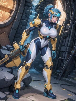 Solo female, ((wearing mecha suit+robotic suit completely white, with blue parts, more yellow lights, suit with attached weapons, gigantic breasts, wearing cybernetic helmet with visor)), mohawk hair, blue hair, messy hair, hair with ponytail, looking directly at the viewer, she is, in a dungeon, with a waterfall, large stone altars, stone structures, machines, robots, large altars of ancient gods, figurines, Super Metroid, ultra technological, Zelda, Final Fantasy, worldofwarcraft, UHD, best possible quality, ultra detailed, best possible resolution, Unreal Engine 5, professional photography, she is (((iInteracting and leaning on anything+object+on something+leaning against+sensual pose))), better_hands, (full body), More detail