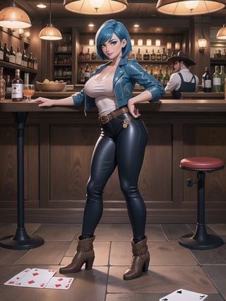 A woman, wearing cowboy costume + leather jacket + white T-shirt, long leather pants, gigantic breasts, wearing white cowboy hat with a feather attached, very short hair, blue hair, mohawk hair, hair with bangs in front of eyes, (looking at the viewer), (((erotic pose with interaction and leaning on anything + object + on something + leaning against))) + in a bar in the Western The Night, with tables, chairs, drinks rack, many people sitting drinking, people playing cards, people fucking, piano,, 16K, UHD, ((cowboy, old Western)), (full body:1.5), quality max, max resolution, ultra-realistic, maximum sharpness, more detail, perfect_hands, better_hands,