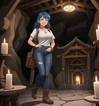 An underground-adventure masterpiece with realistic details, rendered in ultra-high resolution. | A young 22-year-old woman with blue hair and yellow eyes is dressed in an adventurer's outfit. The white t-shirt, jeans and brown leather boots highlight her athletic and agile figure. She also wears a brown backpack, a rope and accessories such as a golden heart pendant and a brown leather bracelet, which demonstrate her determination and adventurous spirit. The young woman smiles at the viewer, showing her white teeth and wearing black lipstick, creating a charming contrast with her strong and pioneering appearance. | The scene takes place in a temple inside a cave, lit by candles spread throughout the room. The concrete, rock, wooden and metal structures create an ancient and mysterious atmosphere. The young woman stands out in the midst of this underground scene, adding a layer of beauty and emotion to the image. | Soft, warm lighting effects create an adventurous mood, while detailed textures on clothing, accessories and set elements add realism to the masterpiece. | An exciting and compelling scene of a young adventurer in a temple inside a cave, exploring themes of adventure, mystery, history and courage. | (((((The image reveals a full-body shot as she assumes a sensual pose, engagingly leaning against a structure within the scene in an exciting manner. She takes on a sensual pose as she interacts, boldly leaning on a structure, leaning back in an exciting way.))))). | ((full-body shot)), ((perfect pose)), ((perfect fingers, better hands, perfect hands)), ((perfect legs, perfect feet)), ((huge breasts)), ((perfect design)), ((perfect composition)), ((very detailed scene, very detailed background, perfect layout, correct imperfections)), More Detail, Enhance