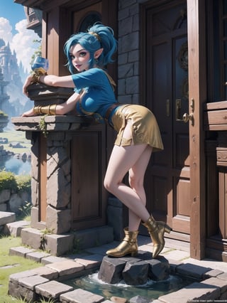 Solo woman, blue T-shirt with Golden parts, short white skirt with Golden props, ((Hyrule warrior costume)), gigantic breasts, mohawk hair, blue hair, messy hair, hair with ponytail, looking directly at the viewer, she is, on a mountain, with many monsters, robots, large ancient machines, many stones, 1water, large pillars, stone altars, zelda tears of the kingdom, 16K, UHD, best possible quality, ultra detailed, best possible resolution, Unreal Engine 5, professional photography, she is, (((iInteracting and leaning on anything+object+on something+leaning against+sensual pose))), better_hands, ((full body)), More detail