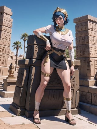 A woman_solo, Egyptian costume with white t-shirt with gold armor, very short black skirt, brown leather sandals, ((body bandaged with bandages)), very tight suit and clinging to the body. Gigantic breasts, wearing a helmet on her head, very short hair, blue hair, hair with 1braid, hair with bangs in front of the eyes. Looking directly at the viewer, in a desert oasis, at night, with large stones, large pillars, figurines of ancient gods, (((sensual pose with interaction and leaning on anything + object+on something + leaning against))) + present in a desert oasis, 16K, UHD, Unreal Engine 5, (full body:1.5), quality max, max resolution, ultra-realistic, maximum sharpness, More detail,  perfect_legs, perfect_thighs, perfect_feet, perfect_hands, better_hands. (Ancient Egypt style)