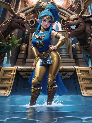 Solo woman, blue T-shirt with Golden parts, short white skirt with Golden props, ((zelda sheikah costume)), gigantic breasts, mohawk hair, blue hair, messy hair, hair with ponytail, looking directly at the viewer, she is, on a mountain, with many monsters, robots, large ancient machines, many stones, 1water, large pillars, stone altars, zelda tears of the kingdom, 16K, UHD, best possible quality, ultra detailed, best possible resolution, Unreal Engine 5, professional photography, she is, (((iInteracting and leaning on anything+object+on something+leaning against+sensual pose))), better_hands, ((full body)), More detail