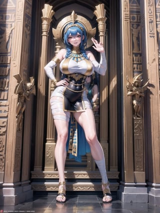 Solo+A woman, Egyptian costume with white t-shirt + gold armor, shorts + very short black skirt, brown leather sandals, ((body bandaged with bandages)), very tight suit and attached to the body. Gigantic breasts, wearing a helmet on her head, very short hair, blue hair, hair with 1+braids, hair with bangs in front of the eyes. Looking directly at the viewer, in an Egyptian tomb, very ancient, with many statuettes of ancient Gods, large stone altars, mummies, sarcophagi, torches stuck on the walls illuminating the place, mirrors, stone altars, (((sensual pose with interaction and leaning on anything + object+on something + leaning against))) + present in a very ancient Egyptian pyramid, ((Ancient Egypt,  16K, UHD, Unreal Engine 5, (full body:1.5), quality max, max resolution, ultra-realistic, maximum sharpness, More detail, perfect_legs, perfect_thighs, perfect_feet, perfect_hands, better_hands