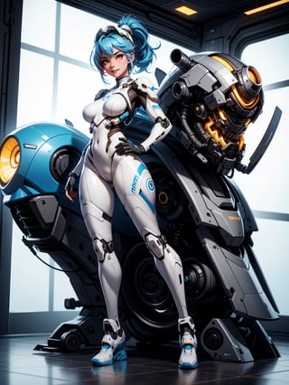A woman, white robotic suit with blue couplings, suit with circular lights, very tight costume, monstrously giant breasts, blue hair, short hair, hair with ponytail, helmet on the head, looking at the viewer, ((pose interacting and leaning [on something|on an object])), in an aircraft with many machines, equipment, window, ((full body):1.5),  16k, UHD, best possible quality, ultra detailed, best possible resolution, Unreal Engine 5, professional photography, fingers and well-structured hand, well-detailed fingers, well-detailed hand, perfect_hands, perfect