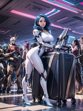 Solo woman, wearing mecha suit+cybernetic armor+gundam suit, all white with parts in blue, gigantic breasts, mohawk hair, blue hair, messy hair, looking directly at the viewer, she is, in an alien airport, with many machines, many aliens, many people transiting, glass table, chair, luggage carts, ((gundam, futuristic, ultra-technological, alien)), 16K, UHD, best possible quality, ultra detailed, best possible resolution, Unreal Engine 5, professional photography, she is, (((Sensual pose with interaction and leaning on anything+object+on something+leaning against))), better_hands, More detail, ((full body)),