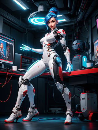 A woman, cybernetic suit + white wick suit with red couplings, suit with lights, very tight suit, ((robotic body parts)), gigantic breasts, blue hair, short hair, mohawk hair, ponytail hair, ((cybernetic helmet on the head)), looking at the viewer, (((pose with interaction and leaning on [something|an object]))), on a train with many computers, radiation machines, structures, robots, ((full body):1.5), 16k, UHD, best possible quality, ultra detailed, best possible resolution, Unreal Engine 5, professional photography, hand and fingers well done, well-structured fingers and hands, well-detailed fingers, well-detailed hand, perfect_hands, perfect, ((cyberpunk))