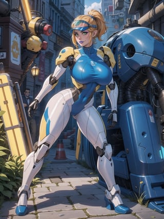 Solo woman, ((wearing mecha suit+all-white robotic suit, with parts in blue, plus yellow lights, suit with attached armaments, gigantic breasts, wearing cybernetic helmet with visor)), mohawk hair, blue hair, messy hair, ponytail hair, looking directly at the viewer, she is, on a mountain, with many monsters, robots, large ancient machines, many stones, 1water, large pillars, stone altars, zelda tears of the kingdom, super metroid, ultra technological, 16K, UHD, best possible quality, ultra detailed, best possible resolution, Unreal Engine 5, professional photography, she is, (((iInteracting and leaning on anything+object+on something+leaning against+sensual pose))), better_hands, ((full body)), More detail