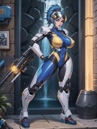 Solo female, ((wearing mecha suit+robotic suit completely white, with blue parts, more yellow lights, suit with attached weapons, gigantic breasts, wearing cybernetic helmet with visor)), mohawk hair, blue hair, messy hair, hair with ponytail, looking directly at the viewer, she is, in a dungeon, with a waterfall, large stone altars, stone structures, machines, robots, large altars of ancient gods, figurines, Super Metroid, ultra technological, Zelda, Final Fantasy, worldofwarcraft, UHD, best possible quality, ultra detailed, best possible resolution, Unreal Engine 5, professional photography, she is (((interaction and leaning on anything+object+on something+leaning against+sensual pose))), better_hands, (full body), More detail
