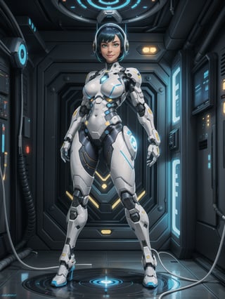 A woman, wearing mecha suit+robotic suit+cybernetizo suit, white+parts in blue+yellow lights, very tight costume on the body, ((gigantic breasts)), blue hair, very short hair, hair with bangs in front of the eyes, is looking at the viewer, (((sensual pose with interaction and leaning on anything+object+leaning against))) in an alien dungeon, with futuristic machines, computers on the walls, control panels, teleportation with interdimensional portal, slimes, aliens with cybernetic armor, ((full body):1.5), 16k, UHD, maximum quality, maximum resolution, ultra-realistic, ultra-detailed, ((perfect_hands):1) , Furtastic_Detailer, Goodhands-beta2,