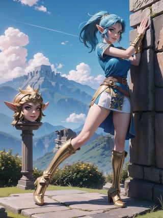 Solo woman, ((blue T-shirt with Golden parts, short white skirt with Golden props, Hyrule warrior costume)), gigantic breasts, mohawk hair, blue hair, messy hair, hair with ponytail, looking directly at the viewer, she is, on a mountain, with many monsters, robots, large ancient machines, many stones, 1water, large pillars, stone altars, ((zelda tears of the kingdom)), 16K, UHD, best possible quality, ultra detailed, best possible resolution, Unreal Engine 5, professional photography, she is, (((iInteracting and leaning on anything+object+on something+leaning against+sensual pose)))+better_hands, ((full body)), More detail