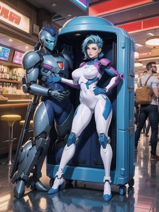 Solo woman, wearing mecha suit+cybernetic armor+gundam suit, all white with blue parts, gigantic breasts, mohawk hair, blue hair, messy hair, looking directly at the viewer, she is, in an alien airport, with many machines, many aliens, beverage bar, many people transiting, glass table, chair, luggage trolleys, 16k, UHD, best possible quality,  ultra detailed, best possible resolution, Unreal Engine 5, super metroid, professional photography, ela está, (((Sensual pose with interaction and leaning on anything+object+on something+leaning against))), better_hands, More detail, (((full body)))