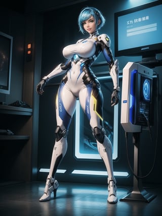 A woman, wearing mecha suit+robotic suit+cybernetizo suit, white+parts in blue+yellow lights, very tight costume on the body, ((gigantic breasts)), blue hair, very short hair, hair with bangs in front of the eyes, is looking at the viewer, (((sensual pose with interaction and leaning on anything+object+leaning against))) in an alien dungeon, with futuristic machines, computers on the walls, control panels, slimes, aliens with cybernetic armor, ((full body):1.5), 16k, UHD, maximum quality, maximum resolution, ultra-realistic, ultra-detailed, ((perfect_hands):1) , Furtastic_Detailer, Goodhands-beta2, 
