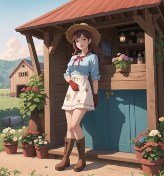 A work of art in Realistic, Comedy, Romantic styles. | A young 21-year-old woman is wearing a farm girl outfit consisting of a red and white checkered blouse, a red and white checkered skirt, a white apron with red flower prints, brown rubber boots, and work gloves. brown. She has long, loose, wavy blue hair, with a straw hat tied around her neck with a red ribbon. She has red eyes, is smiling at the viewer, showing her white teeth and wearing red lipstick. She is in a farmhouse, a cozy, rural place with wooden structures like a barn, a wooden fence, and a porch with rocking chairs. There are also metal structures, such as a windmill and a water tank, and natural structures, such as trees, flowers and a vegetable garden. Sunlight illuminates the place, creating a warm and cozy atmosphere. | The image highlights the figure of the young woman and her farmer's outfit against the rural background of the farmhouse. Sunlight creates soft shadows and highlights the details of the scene. | Soft, warm lighting effects create a relaxing and welcoming atmosphere, while detailed textures in wood, metal and fabrics add realism to the image. | A romantic and fun scene of a young woman in a farmer's outfit in a rural farmhouse. | (((((The image reveals a full-body shot as she assumes a sensual pose, engagingly leaning against a structure within the scene in an exciting manner. She takes on a sensual pose as she interacts, boldly leaning on a structure, leaning back in an exciting way.))))). | ((full-body shot)), ((perfect pose)), ((perfect fingers, better hands, perfect hands)), ((perfect legs, perfect feet)), ((huge breasts)), ((perfect design)), ((perfect composition)), ((very detailed scene, very detailed background, perfect layout, correct imperfections)), More Detail, Enhance