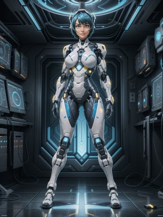 A woman, wearing mecha suit+robotic suit+cybernetizo suit, white+parts in blue+yellow lights, very tight costume on the body, ((gigantic breasts)), blue hair, very short hair, hair with bangs in front of the eyes, is looking at the viewer, ((((action pose with interaction and leaning on anything+object+leaning against)))) in an dungeon, with machines, computers on the walls, control panels, teleportation with interdimensional portal, slimes, aliens with cybernetic armor, ((full body):1.5), 16k, UHD, maximum quality, maximum resolution, ultra-realistic, ultra-detailed, perfect_hands , Furtastic_Detailer, Goodhands-beta2,