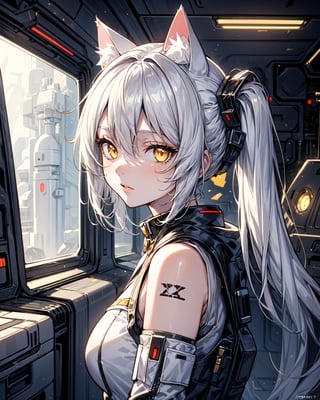 masterpiece, best quality, 1girl, spacecraft interior, spacesuit, upper body, from side, science fiction, yellow eyes, twintails, silver hair, cat ears, looking at viewer,
,Tex Mex Burrito Style,1 girl