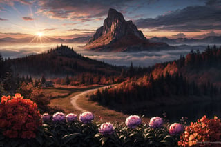 (autumn:1.3) ,sunrise,mountains and a wooden village on river, (Peony flowers on foreground), sunrays, lens flare, 4k highly detailed digital art, 8k hd wallpaper very detailed, impressive fantasy landscape, sci-fi fantasy desktop wallpaper, 4k detailed digital art, sci-fi fantasy wallpaper, epic dreamlike fantasy landscape, 4k hd matte digital painting, 8k stunning artwork,Realistic, realism, hd, 35mm photograph, 8k, dusty atmospheric haze, (natural colors, correct white balance, color correction, dehaze,clarity), realistic, detailed, balanced, by Trey Ratcliff, Klaus Herrmann, Serge Ramelli, Jimmy McIntyre, Elia Locardi,Realistic, realism, hd, 35mm photograph, 8k, , RAW photo, full sharp, wallpapper 8k uhd, dslr, soft lighting, high quality, film grain, Fujifilm XT3, 