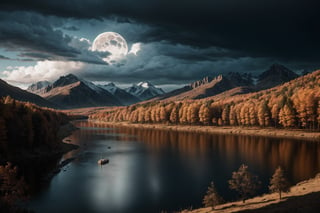 photo RAW,(autumn,mountains and a storm lake with a moon in the sky, old wooden slab home, 4k highly detailed digital art, 4 k hd wallpaper very detailed, impressive fantasy landscape, sci-fi fantasy desktop wallpaper, 4k wallpaper, 4k detailed hdr photography, sci-fi fantasy wallpaper, epic dreamlike fantasy landscape, 4k hd matte, 8k,Realistic, realism, hd, 35mm photograph, 8k), masterpiece, award winning photography, natural light, perfect composition, high detail, hyper realistic, (composition centering, conceptual photography), realistic, detailed, balanced, by Trey Ratcliff, Klaus Herrmann, Serge Ramelli, Jimmy McIntyre, Elia Locardi , detailed, realistic, 8k uhd, high quality