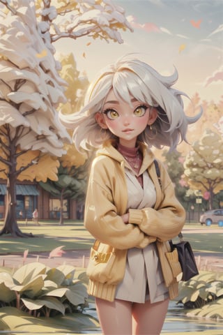 1girl, [thin face:0.8], (blushing), Fulfilled, Delighted, Happy, (yellow cardigan:1.3), young beautiful girl, (shiny skin:1.2), beautiful skin, (pupils sparkling), (white hair), wind blow, scattering of light, BREAK, (autumn, maple leaves, yellow field:1.2), BREAK, (soft focus:1.2) on the Foreground, (Bokeh-filled Foreground:1.3), Shallow Depth of Field, Delicate Blur, Subtle Transitions, Depth and Atmosphere, masterpiece,ultra realistic,32k,extremely detailed CG unity 8k wallpaper, best quality