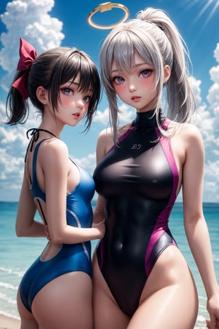 (masterpiece, best quality), 2girl,  beautiful face,   miyako_bluearchive, long_hair, halo, purple_eyes, white_hair, bangs, bow, blush, hair_bow, ponytail, swimsuit, one-piece_swimsuit, breasts, grey_hair