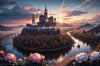 photo RAW,((autumn:1.3) ,sunrise,mountains and a wooden village on river, (Peony flowers on foreground), sunrays, lens flare, 4k highly detailed digital art, 8k hd wallpaper very detailed, impressive fantasy landscape, sci-fi fantasy desktop wallpaper, 4k detailed digital art, sci-fi fantasy wallpaper, epic dreamlike fantasy landscape, 4k hd matte digital painting, 8k stunning artwork,Realistic, realism, hd, 35mm photograph, 8k, dusty atmospheric haze, (natural colors, correct white balance, color correction, dehaze,clarity), realistic, detailed, balanced, by Trey Ratcliff, Klaus Herrmann, Serge Ramelli, Jimmy McIntyre, Elia Locardi,Realistic, realism, hd, 35mm photograph, 8k), masterpiece, award winning photography, natural light, perfect composition, high detail, hyper realistic 