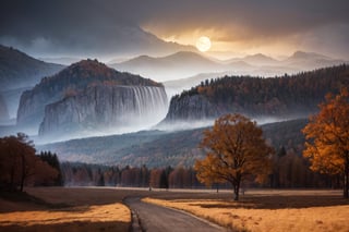 photo RAW,(autumn,mountains and a storm lake with a moon in the sky, old wooden slab home, 4k highly detailed digital art, 4 k hd wallpaper very detailed, impressive fantasy landscape, sci-fi fantasy desktop wallpaper, 4k wallpaper, 4k detailed hdr photography, sci-fi fantasy wallpaper, epic dreamlike fantasy landscape, 4k hd matte, 8k,Realistic, realism, hd, 35mm photograph, 8k), masterpiece, award winning photography, natural light, perfect composition, high detail, hyper realistic, (composition centering, conceptual photography), realistic, detailed, balanced, by Trey Ratcliff, Klaus Herrmann, Serge Ramelli, Jimmy McIntyre, Elia Locardi , detailed, realistic, 8k uhd, high quality