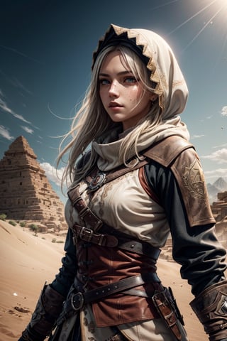(masterpiece, best quality), aesthetic illustration, colorful paint style, , , , 3DMM, 1 girl, adult welsh woman, freckles, grey eyes, platinum blonde textured hair, looking up, solo, half shot, detailed background, OldEgyptAI, Alexandira, desert, ancient egyptian theme, assassins creed, hired assassin, hidden wrist-blade, white tattered leather assassin clothes, hood, straps, dynamic pose, fighting, rural landscape in background, floating particles, dust,