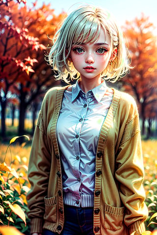 1girl, [thin face:0.8], (blushing), Fulfilled, Delighted, Happy, (yellow cardigan:1.3), young beautiful girl, (shiny skin:1.2), beautiful skin, (pupils sparkling), (white hair), wind blow, scattering of light, BREAK, (autumn, maple leaves, yellow field:1.2), BREAK, (soft focus:1.2) on the Foreground, (Bokeh-filled Foreground:1.3), Shallow Depth of Field, Delicate Blur, Subtle Transitions, Depth and Atmosphere, masterpiece,ultra realistic,32k,extremely detailed CG unity 8k wallpaper, best quality