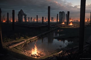 concept art Inspired by Tarkovsky's Stalker, a panoramic shot of a decaying city, drowned in a sea of overgrown vegetation. In the foreground, a lone figure crouched near a small fire, his weary face illuminated by the flickering flames, while around him, towering ruins cast long, haunting shadows in the diffused twilight." . digital artwork, illustrative, painterly, matte painting, highly detailed