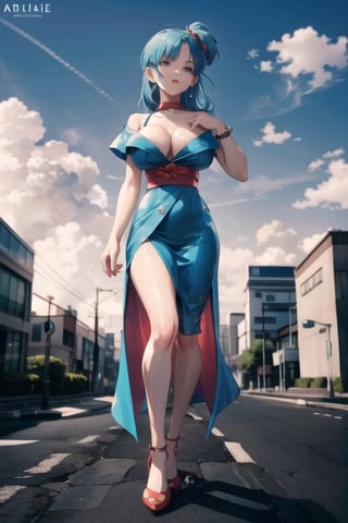 (masterpiece, best quality), ultra resolution image, (1girl), (solo),blue hair, bulma brief, mature female, huge breast,full high definition, full hd,pink medium hair, full pink transparent dress, see-through, tokyo landscape, full body, dynamic pose, looking at the vewer, dynamic angle, thighhighs, wide hips,anime,High detailed ,better_hands, ((portrait)) ,bulma