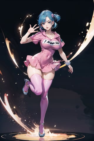 (masterpiece, best quality, highres:1.3), ultra resolution image, (1girl), (solo),blue hair, bulma brief, mature female, huge breast,full high definition, full hd,pink medium hair, full pink transparent dress, see-through, tokyo landscape, full body, dynamic pose, looking at the vewer, dynamic angle, thighhighs, wide hips,anime,High detailed ,better_hands, ((portrait)) ,bulma