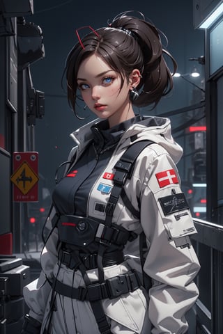 Cowboy shot, (waist-up shot:1.7), Lady bug, full body, dark hair, Perfect face, beautiful detailed blue eyes, symmetrical eyes, (detailed face), slender, dramatic lighting, (8k, photo, masterpiece), (highest quality), (best shadow), (best illustration), ultra high resolution, 8K wallpapers, physically based rendering, photo, realistic, realism, high contrast, hyperrealism, photography, f1 lens .6, intense colors, hyper-realistic realistic texture, cinestill 800), detailed face, white-blue medical doctor suit, battlefield medic, high ponytail, hightech military communication headset with antennas, urban techwear,weapon,fate/stay background