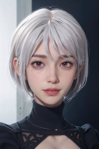 1girl, red eyes, (hi-top fade:1.3), dark theme, muted colors, high contrast, (natural skin texture, hyperrealism, soft light, sharp), yorha no. 2 type b,, red bob hair, multicolored hair, visible cleavage, full body, semi nude, freckles, looking at viewer, white hair, smile, blush, eye makeup,