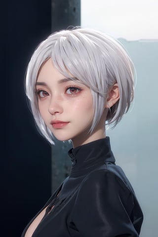 1girl, red eyes, (hi-top fade:1.3), dark theme, muted colors, high contrast, (natural skin texture, hyperrealism, soft light, sharp), yorha no. 2 type b,, red bob hair, multicolored hair, visible cleavage, full body, semi nude, freckles, looking at viewer, white hair, smile, blush, eye makeup,