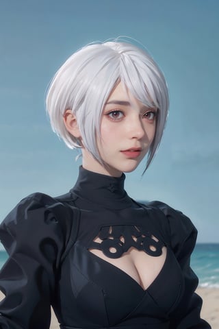 1girl, red eyes, (hi-top fade:1.3), dark theme, muted colors, high contrast, (natural skin texture, hyperrealism, soft light, sharp), yorha no. 2 type b,, red bob hair, multicolored_hair, visible cleavage, full_body, semi_nude, freckles, looking at viewer, white hair,