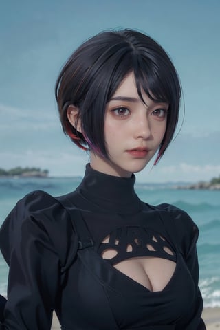 1girl, red eyes, (hi-top fade:1.3), dark theme, muted colors, high contrast, (natural skin texture, hyperrealism, soft light, sharp), yorha no. 2 type b,, red bob hair, multicolored_hair, visible cleavage, full_body, semi_nude, freckles, 